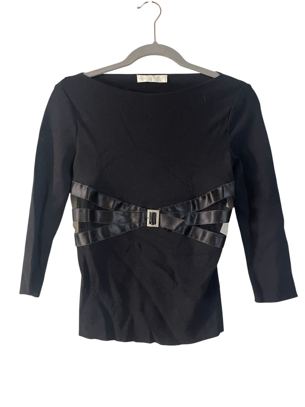 Valentino Black Boat Neck Top with Side Cut Outs and Rhinestone Buckle